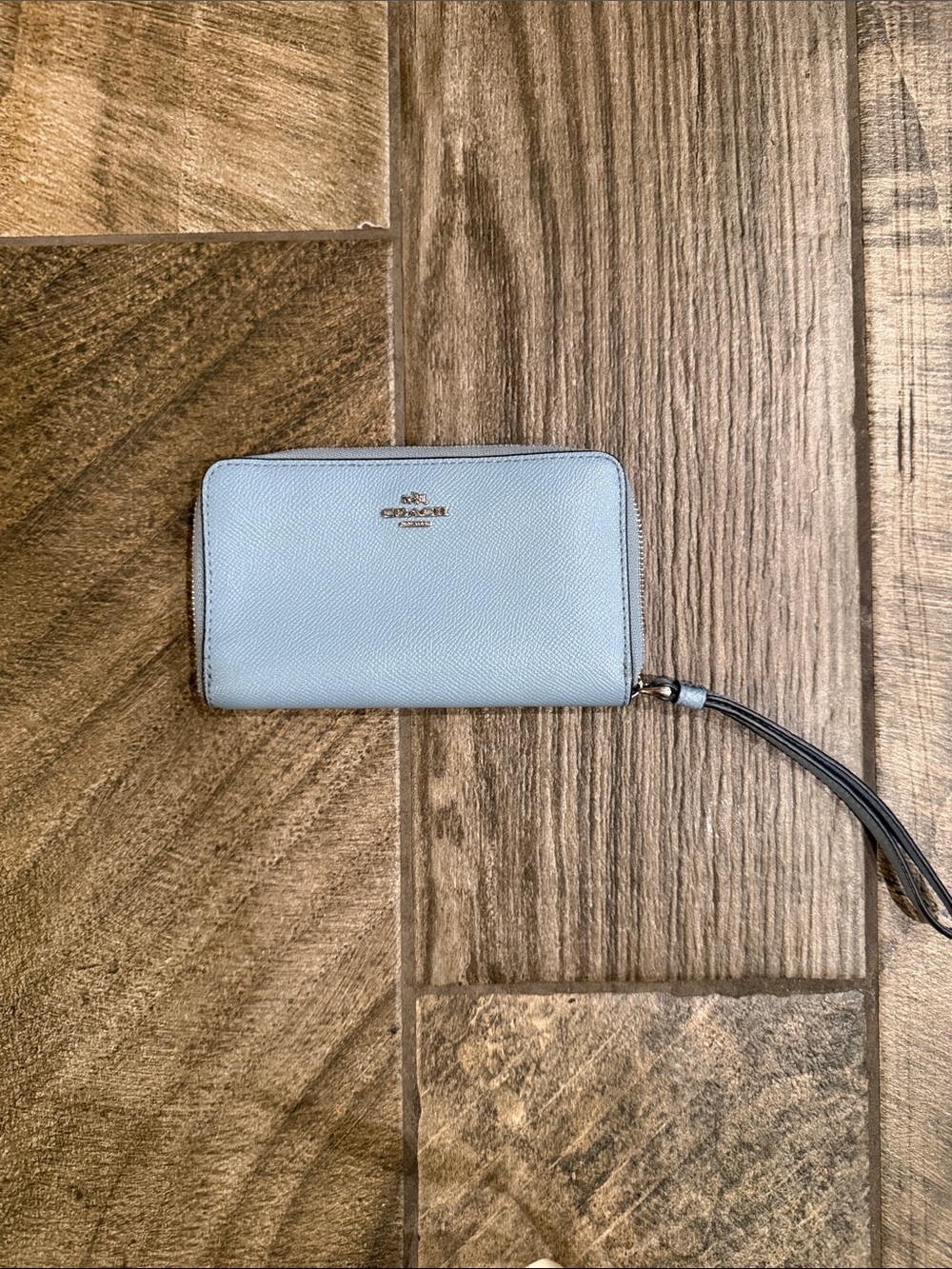 New Coach Pale Blue Zip Wristlet with silver Hardware 7”x4”x6”
